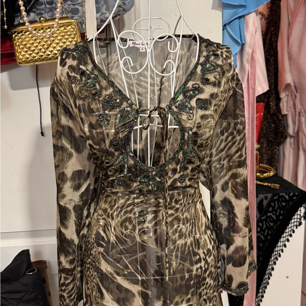 Rhona Sutton animal print top with Beaded Accents